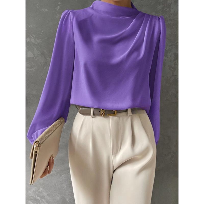 Solid Color Ruched Satin Pullover: Women's European and American Style Long-Sleeved Shirt