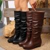 Large Size Pleated High Boots British Style Autumn Thick Heel Retro Sleeve Medium Heel Boots Women