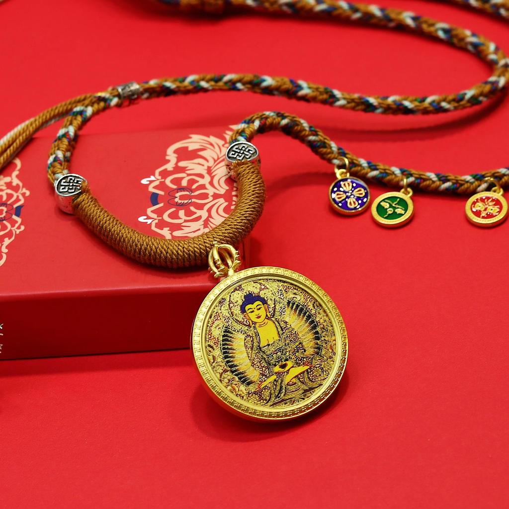 Tibetan Zodiac Eight Protectors Thangka Gold-Inlaid Square Pendant Necklace