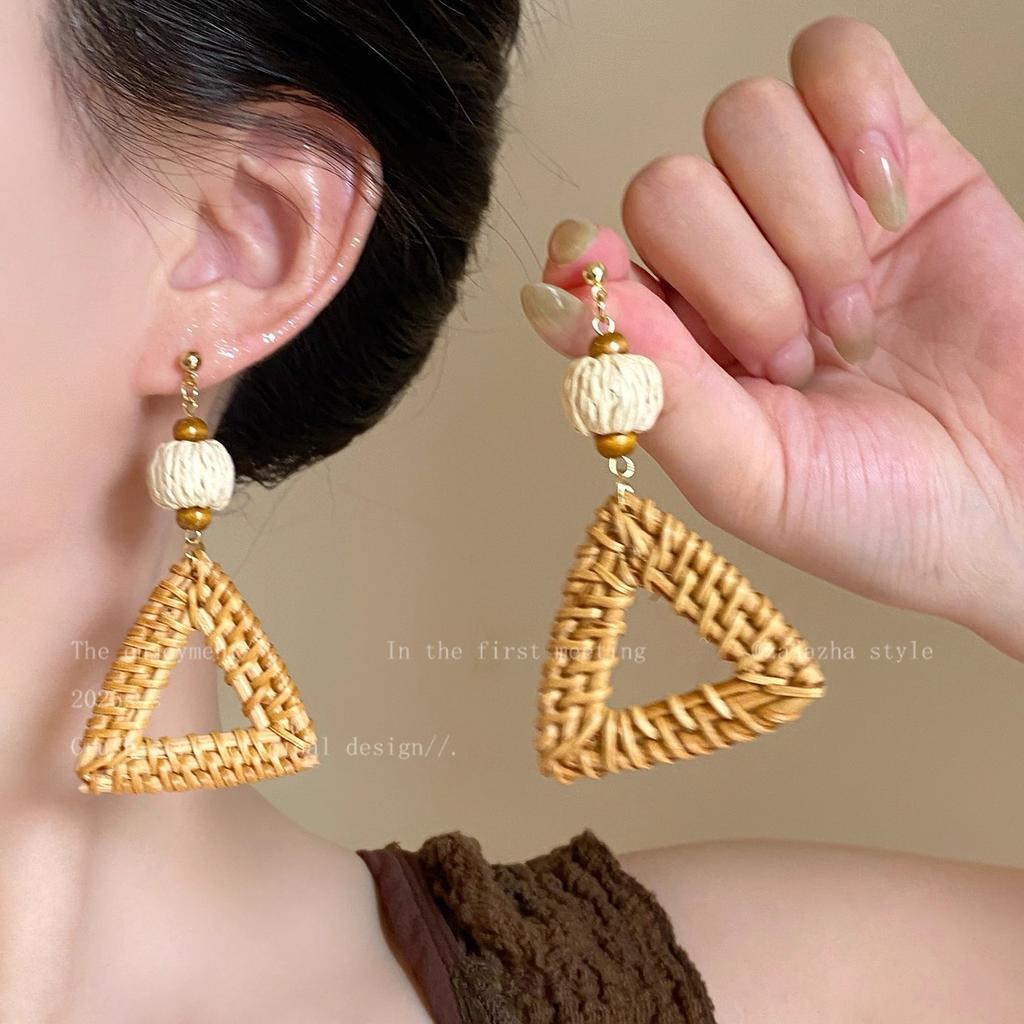 Bohemian ethnic style rattan long geometric earrings women's design stud earrings vacation style exaggerated earrings
