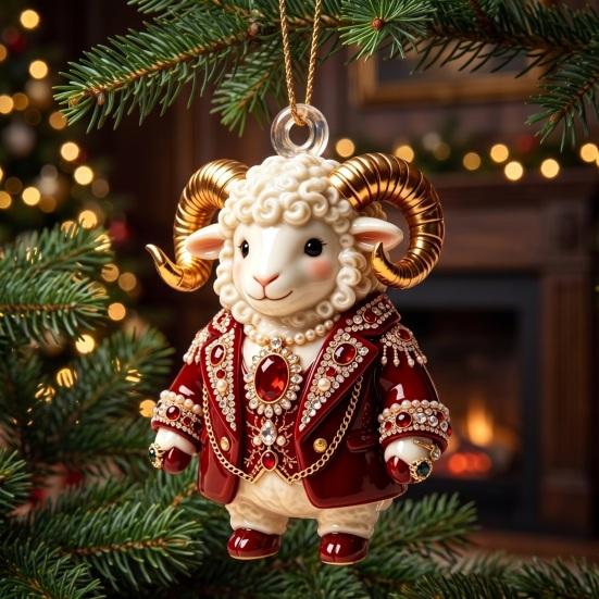 Auspicious Goat Theme Gifts 2D Acrylic Christmas Hanging Ornament, 3.15 Inch Farm Animal Xmas Tree Holiday Car Interior Decor Decoration for Rear View