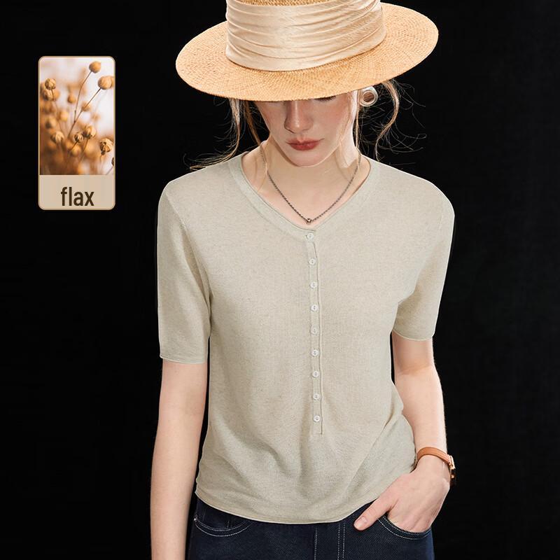 Wudao Women's Tencel Linen Blend Half-Placket Knit T-Shirt