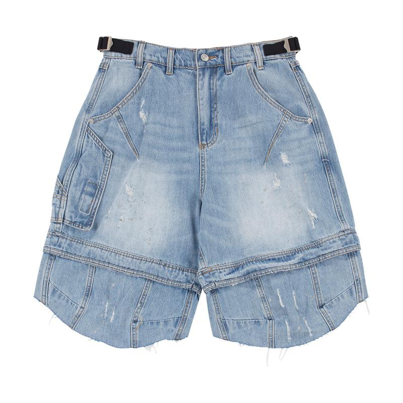 EastRogue Heavyweight Washed-out Distressed Splashed Ink Fringed Deconstructed Niche Vibe Denim Shorts