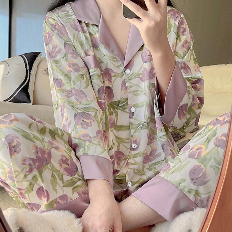 Women's Summer Short-Sleeve Ice Silk Pajamas In Purple Tulip Style