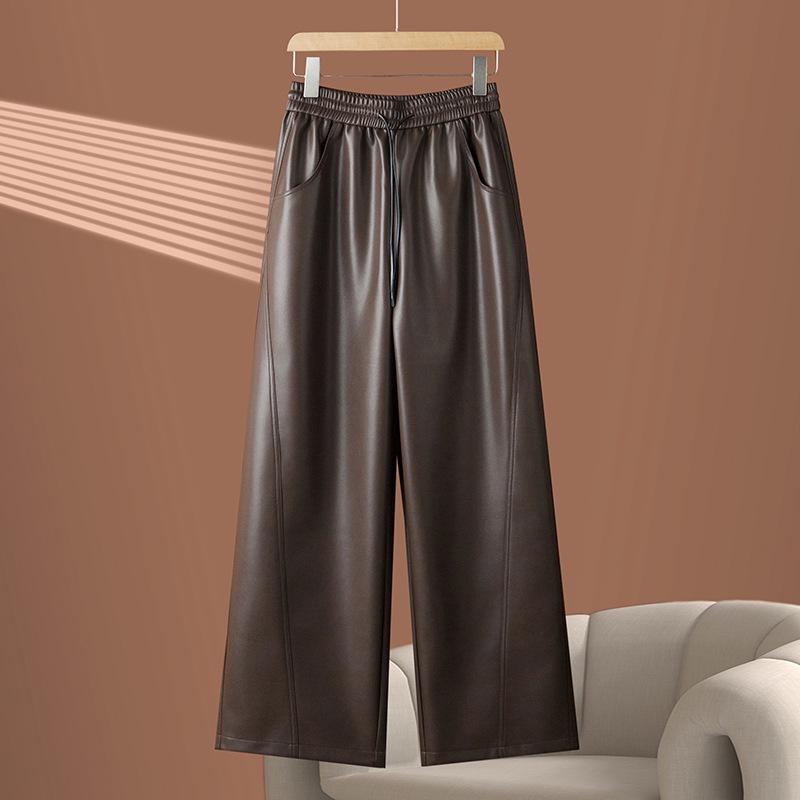 2025 Autumn/Winter Women's High Waist Leather Pants - Stylish Wide-Leg, Loose-Fit, Elastic Drape Trousers