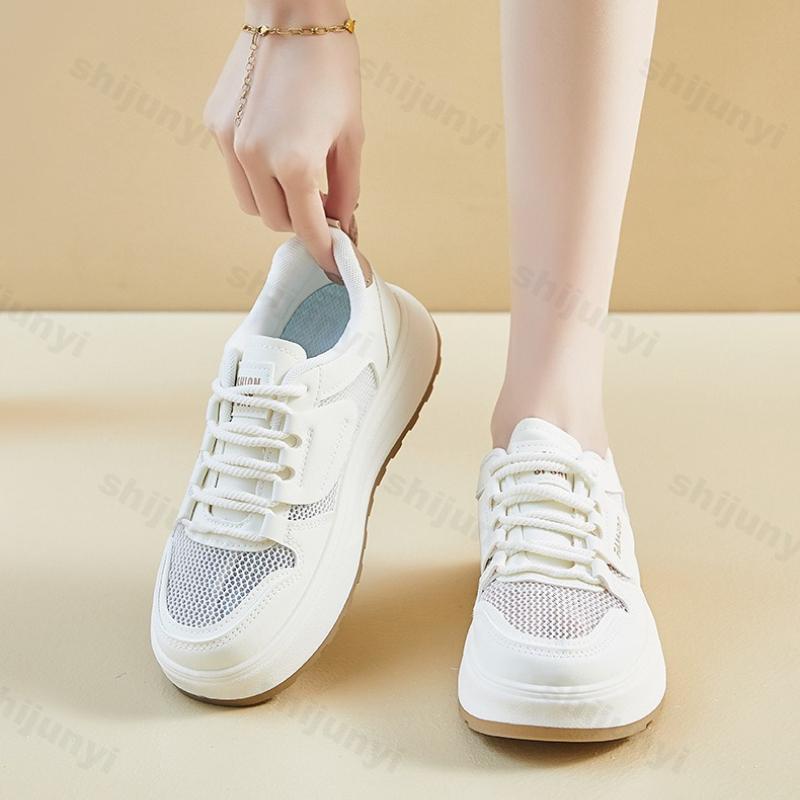 Women's White Sneakers Autumn New Mesh Breathable Height Increase Casual Shoes Comfortable Fashion Cross Tied Non Slip Flats