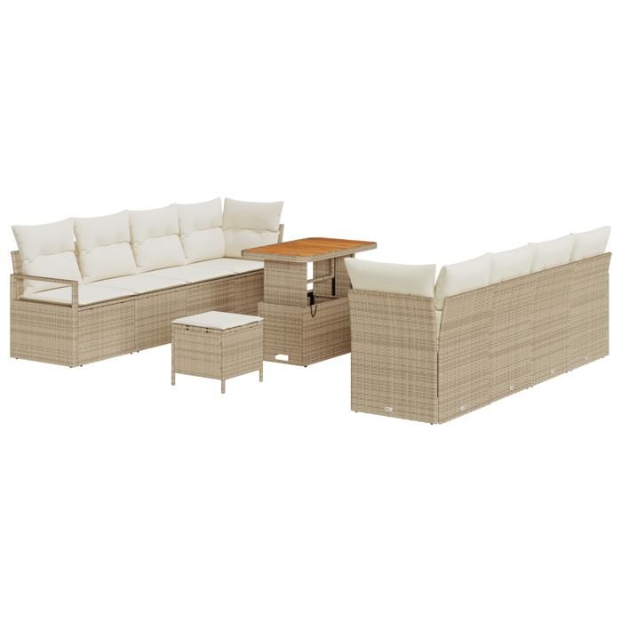 Ensemble de Canapés de Jardin 11 Pièces avec Coussins Beige Poly Rattan Acacia, Canapé de Jardin 2 Places avec Rangement 3364451