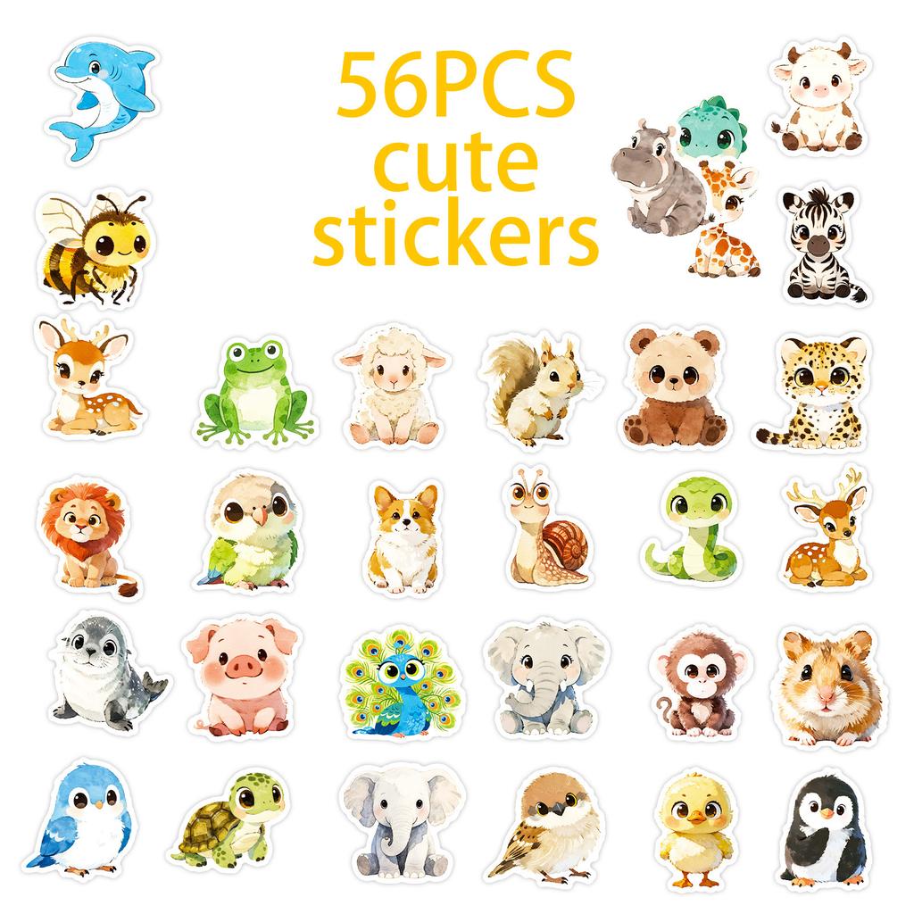 56 Watercolor Hand-Painted Cartoon Animal Graffiti Stickers Cute Penguin Lamb Crocodile Decorative Stickers