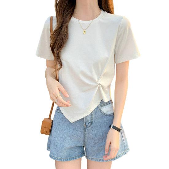 

Женская футболка с нерегулярным подолом, сплошной цвет, декор с узлом, круглая шея, короткая белый