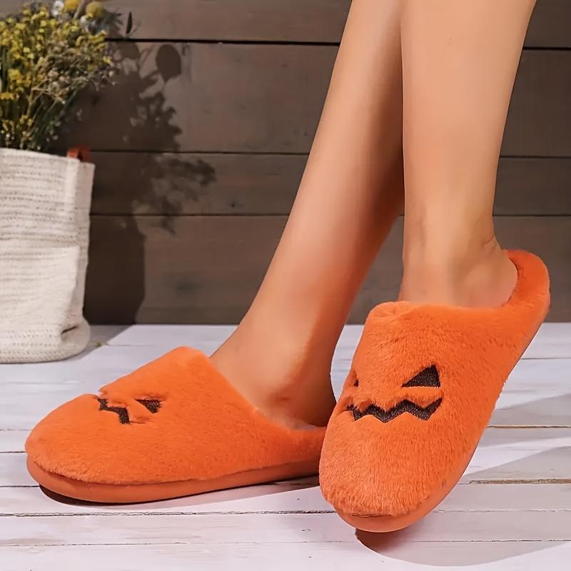 Women's Jack-O'-Lantern Slippers - Soft Indoor Slippers, EVA Sole, Hand Washable, All-season Casual Horseshoe Style, Cartoon Pumpkin Design