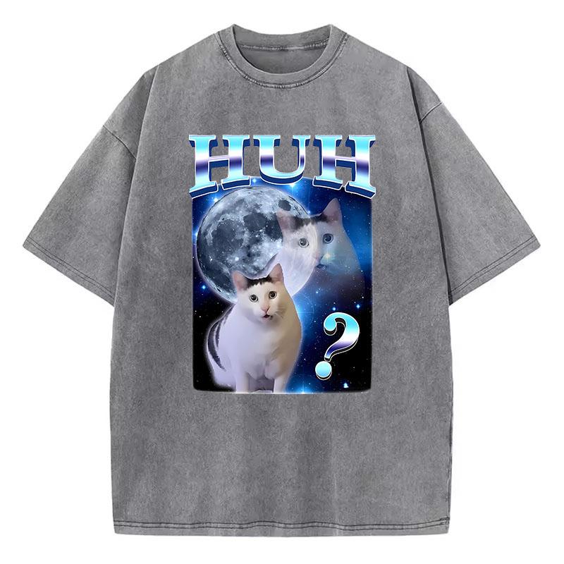 Cat Saying Huh Harajuku T Shirt Vintage Washed Cotton T-Shirt Graphic Tee Casual Streetwear Spring Summer Fall