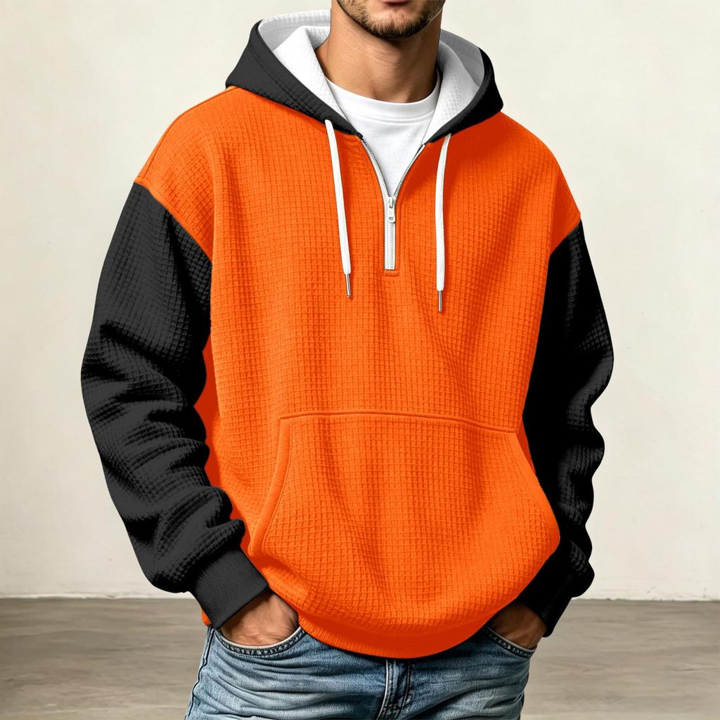 Sudadera con capucha de punto casual de bloque de color con media cremallera para hombre