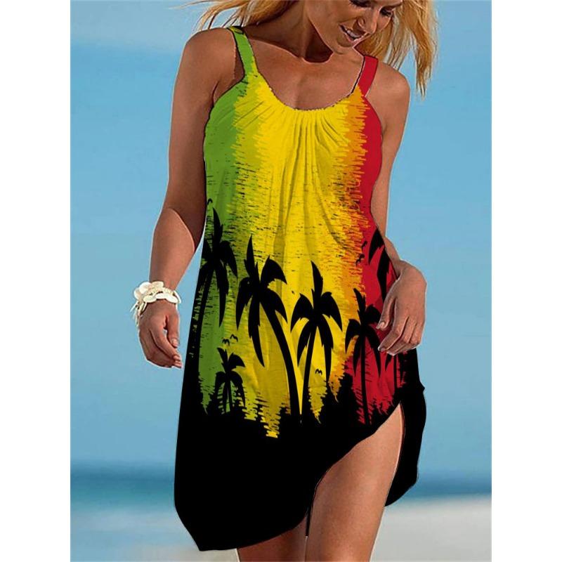 Womens Summer New Rainbow Gradient 3D Print Sleeveless Loose Beach Vacation Midi Dress