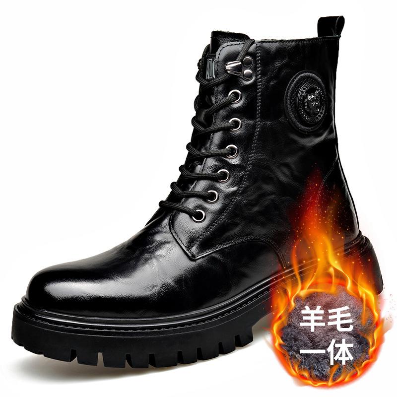 Botines de Cuero Genuino Otoño Invierno para Hombre Moda Casual Plataforma Zapatos de Trabajo Mujer Color Sólido Lana Algodón Botas Hombre