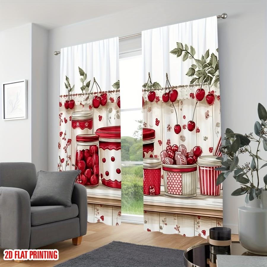 2PCS Digital Printed Curtain, Cherry Kitchen Utensils Jar Pattern, Country Kitchen Style Window Drapes for Dining Room Cafe