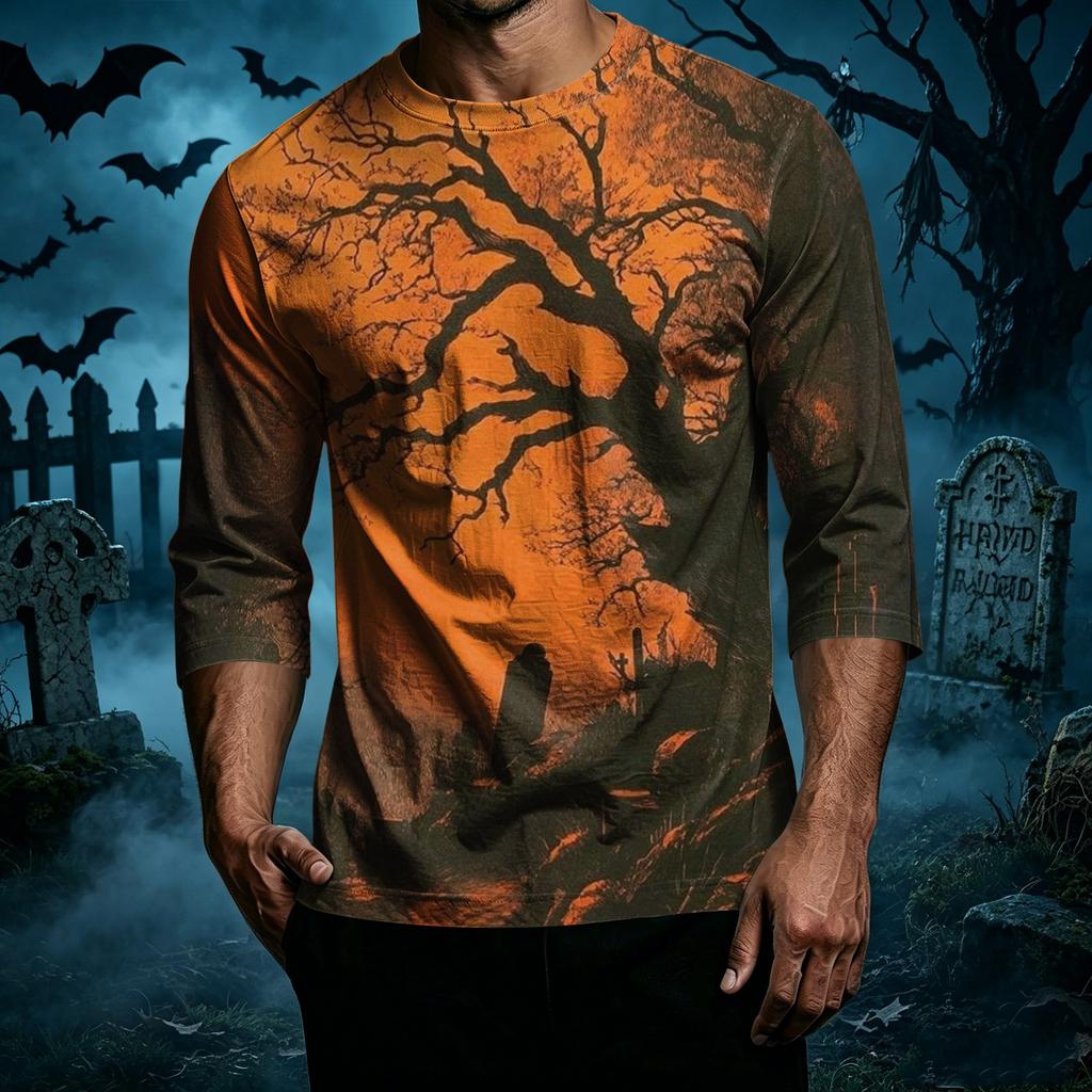 Men's Casual Halloween Print Crew Neck T Shirt Three Quarter Sleeve Regular Fit Top Suitable for Everyday Wear and Seasonal Events