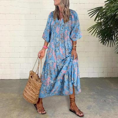 Lady Fall Dress Bubble Sleeves V Neck Printing A-line Loose Ankle Length Patchwork Bohemian Beach Maxi Dress Daily Wear Long Dress
