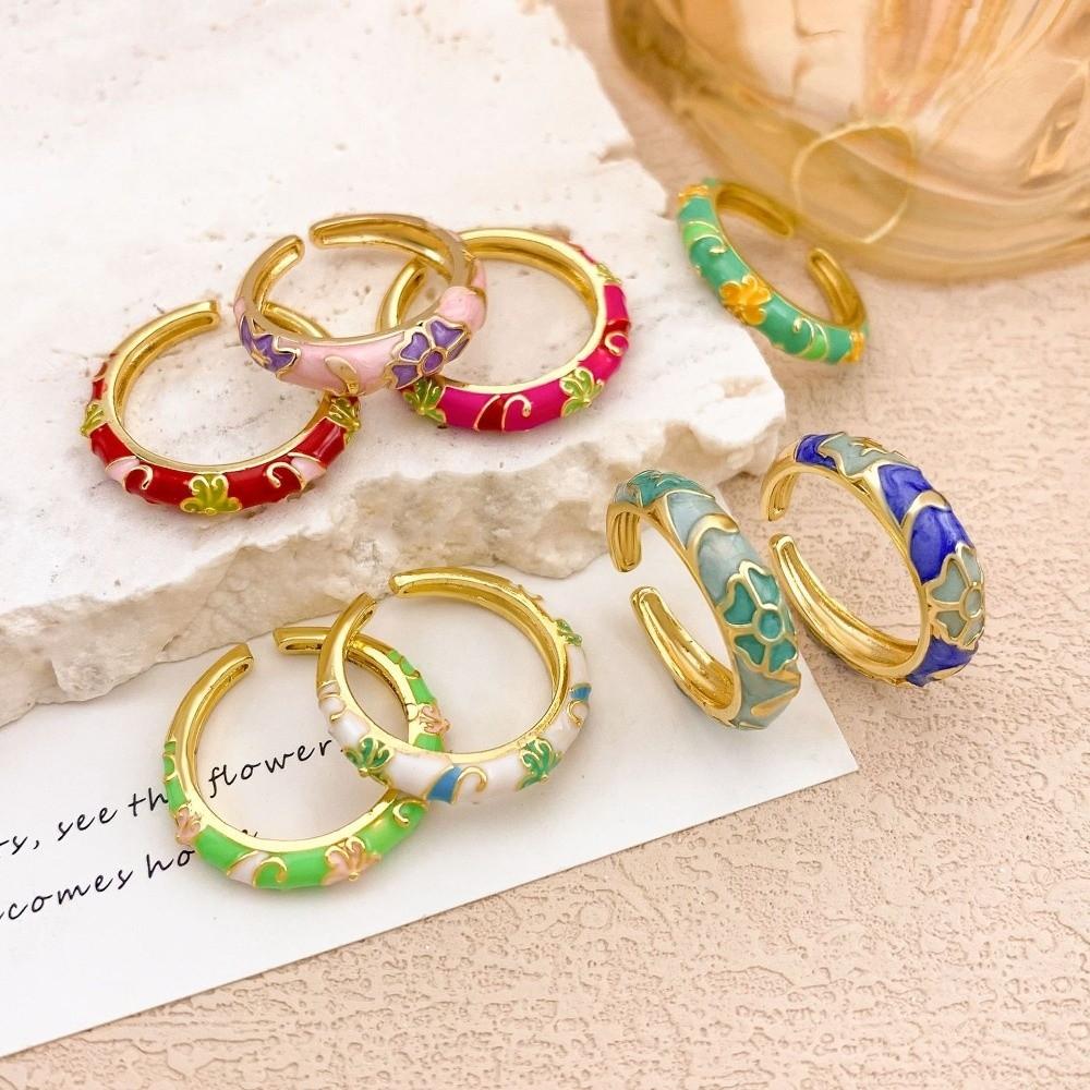 Unique Enamel Dot Open Ring Chinese Style Adjustable Ring Elegant Bohemian Ring  Women