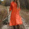 Women's Fashionable Cotton And Linen Button Solid-color Half-sleeved Loose Pocket Dress