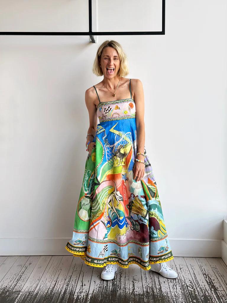 2025 Summer Women s Sleeveless Spaghetti Strap Dress - Graffiti Linen with Big Hem Small