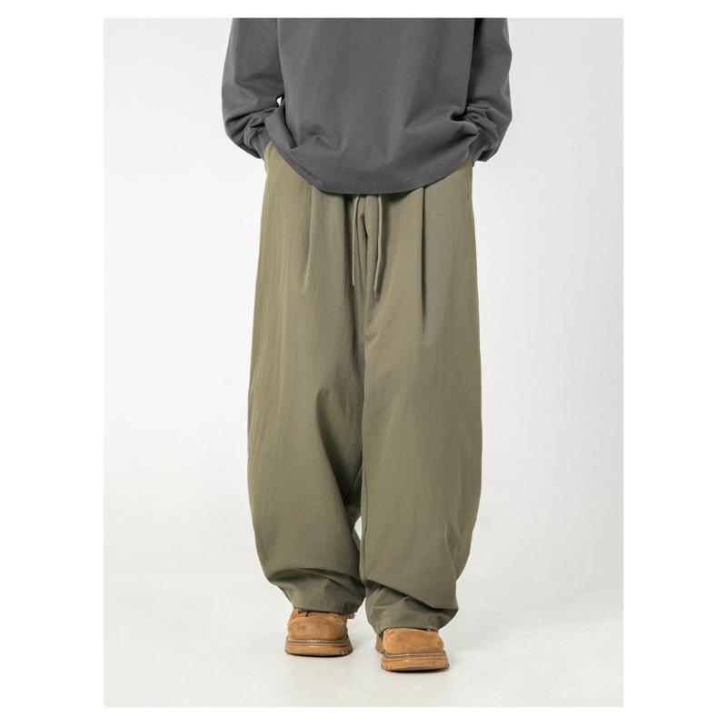 Men S Pleated Loose Straight Leg Casual Trousers Drawstring Waist Retro Pants