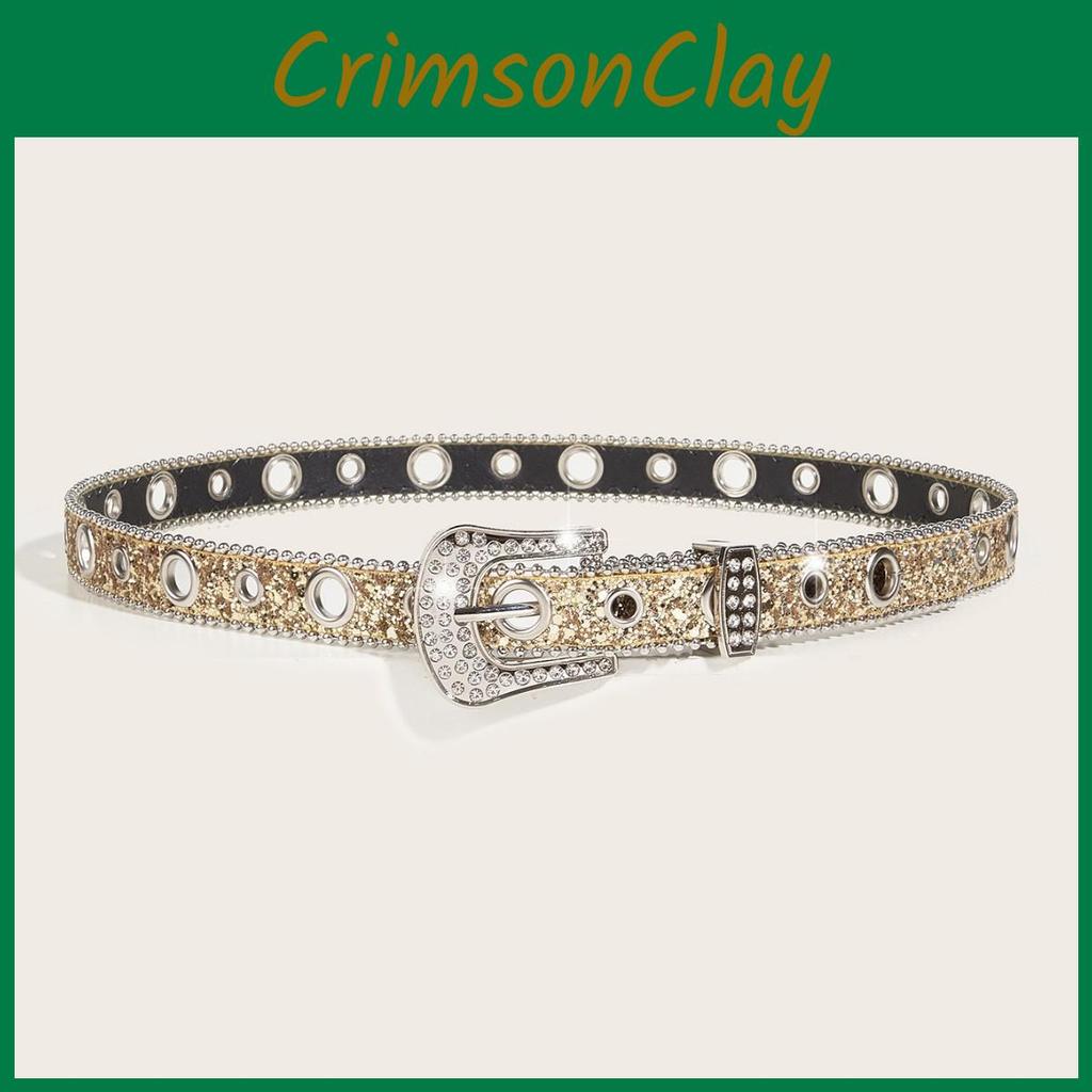 Elegant Shimmering Crystal Trim Pu Belt With Metal Pin Buckle For Women
