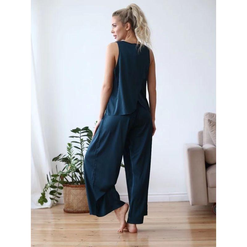

Модная атласная майка с перекрещенными бретелями на спине, брюки, удобный и повседневный костюм, пижама, жилет, брюки, костюм Navy blue S