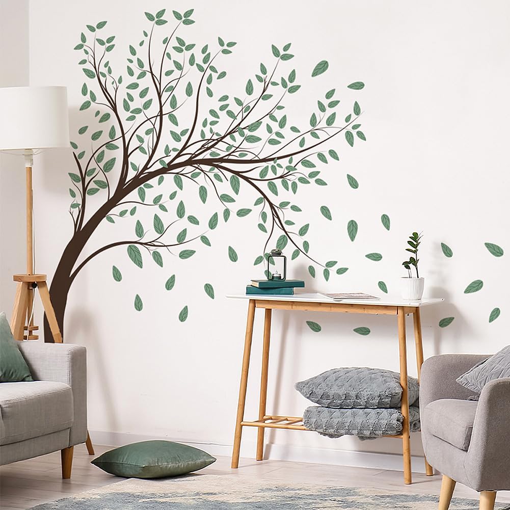 4 Sheets Green Tree Wall Decals Big Tree Wall Stickers Large DIY Peel and Stick Flying Leaves Wall Decor for Kids Bedroom Living Room Nursery Rooms