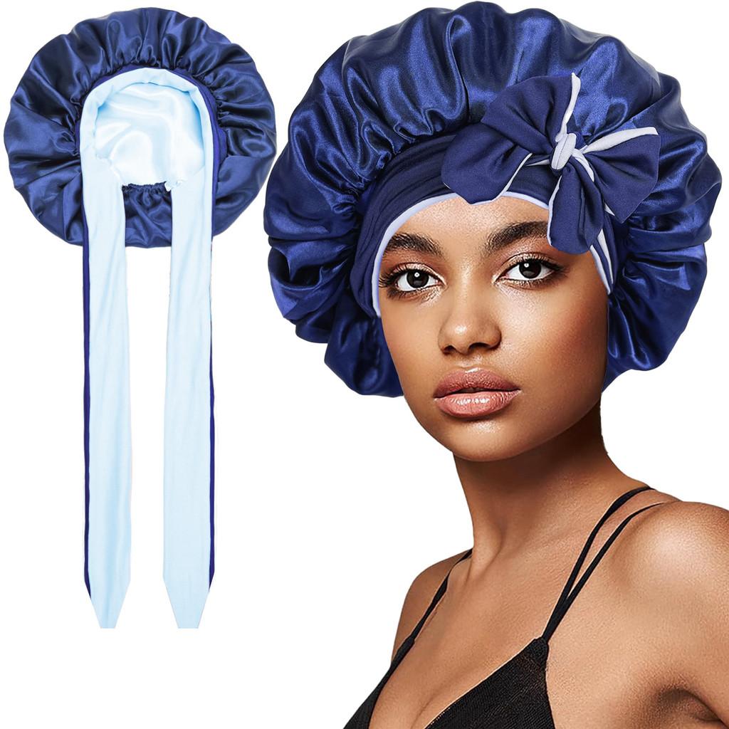Polyester Double Layer Satin Sleep Cap With Bow Tie For Women And All Seasons Comfort