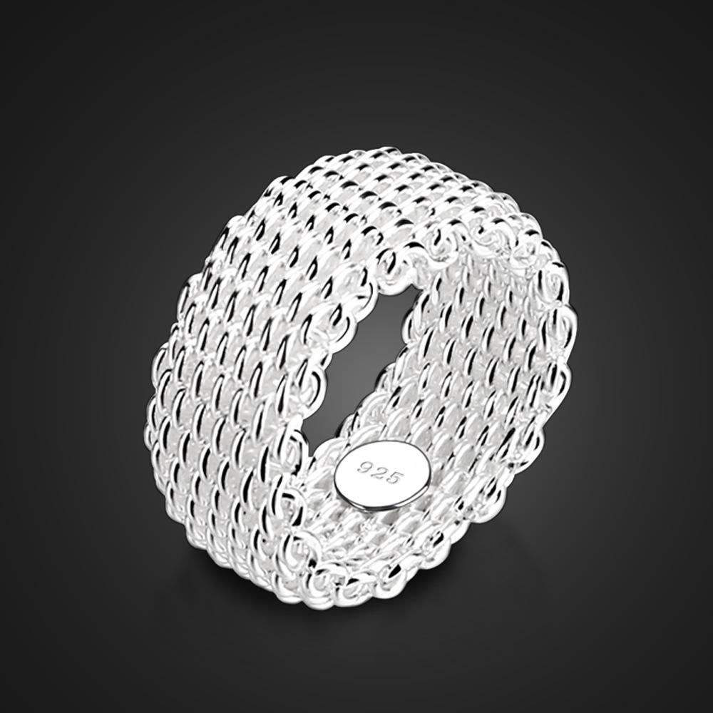 Cold Wind White Geometric Woven Mesh Soft Ring Women'S Thick Rhodium Gold Jewelry