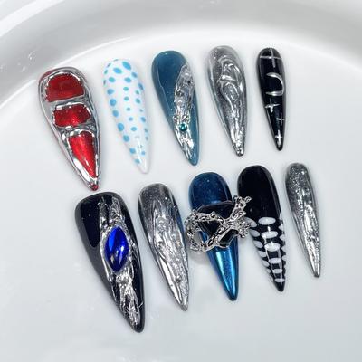 Handmade Press-On Nails Long Stiletto Shape With 3D Embossed Cross Heart Design Sweet Punk Chic Style