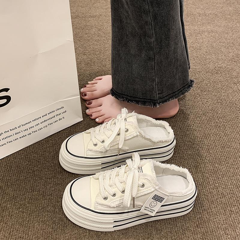 Baotou canvas half slippers women's summer wear 2025 new thick-soled heightening casual lace-up lazy little white cool slippers
