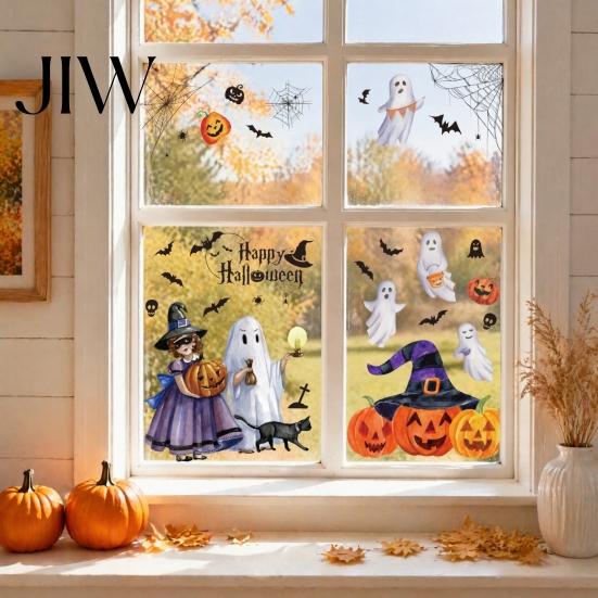 Glass Door Holiday Murals 2Pcs Watercolor Halloween Static Window Clings, Ghost Witch Pumpkin Black Cat Bat Decals, No-Glue Home Ornaments