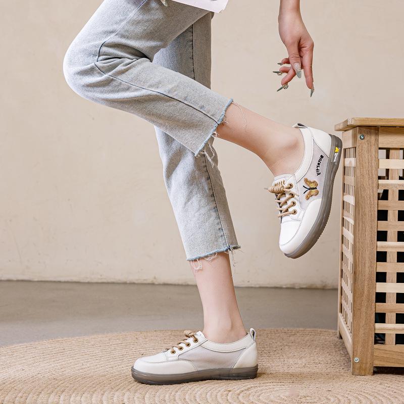 Women's White Leather Slip-On Sneakers - Spring/Autumn, Soft Sole, Butterfly Design, Casual Flats, Plus Sizes Available