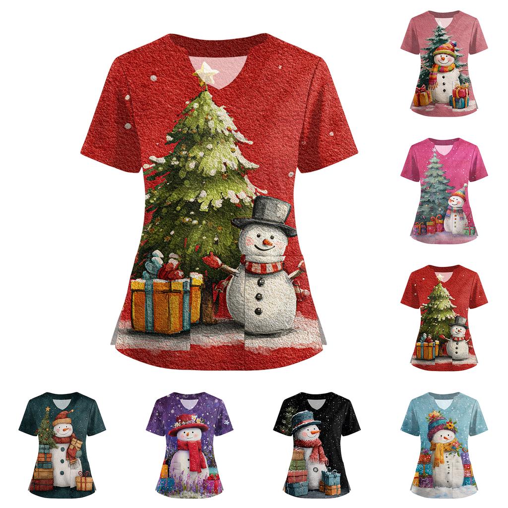 Women's Short Sleeved Christmas Printed V-neck Buttonable Side Slit Top T-shirt