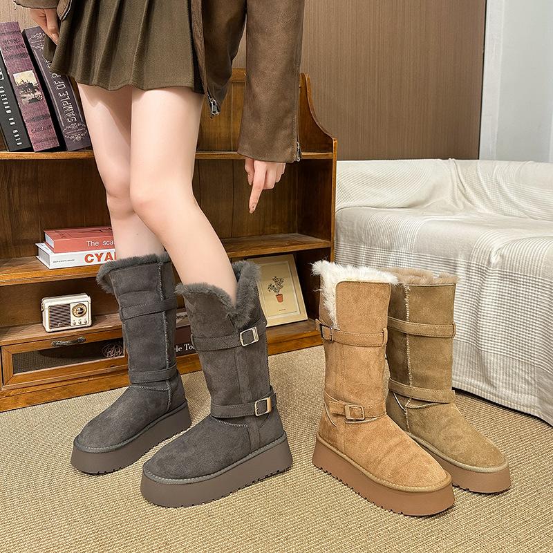 Women's soft elastic thick sole winter fur one warm cold padded snow boots non-slip wear casual sports short cotton boots