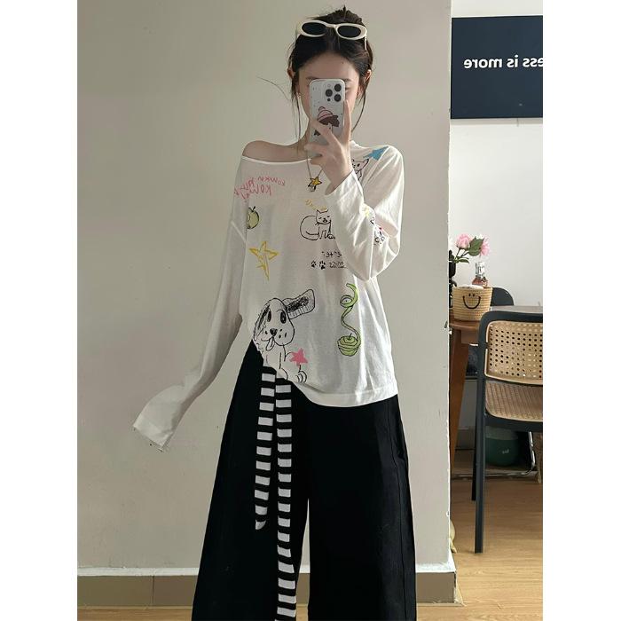 Painted Graffiti Micro-transparent Thin Sunscreen Blouse Long-sleeved T-shirt Women's 2026 New Summer Korean Beautiful Small Top