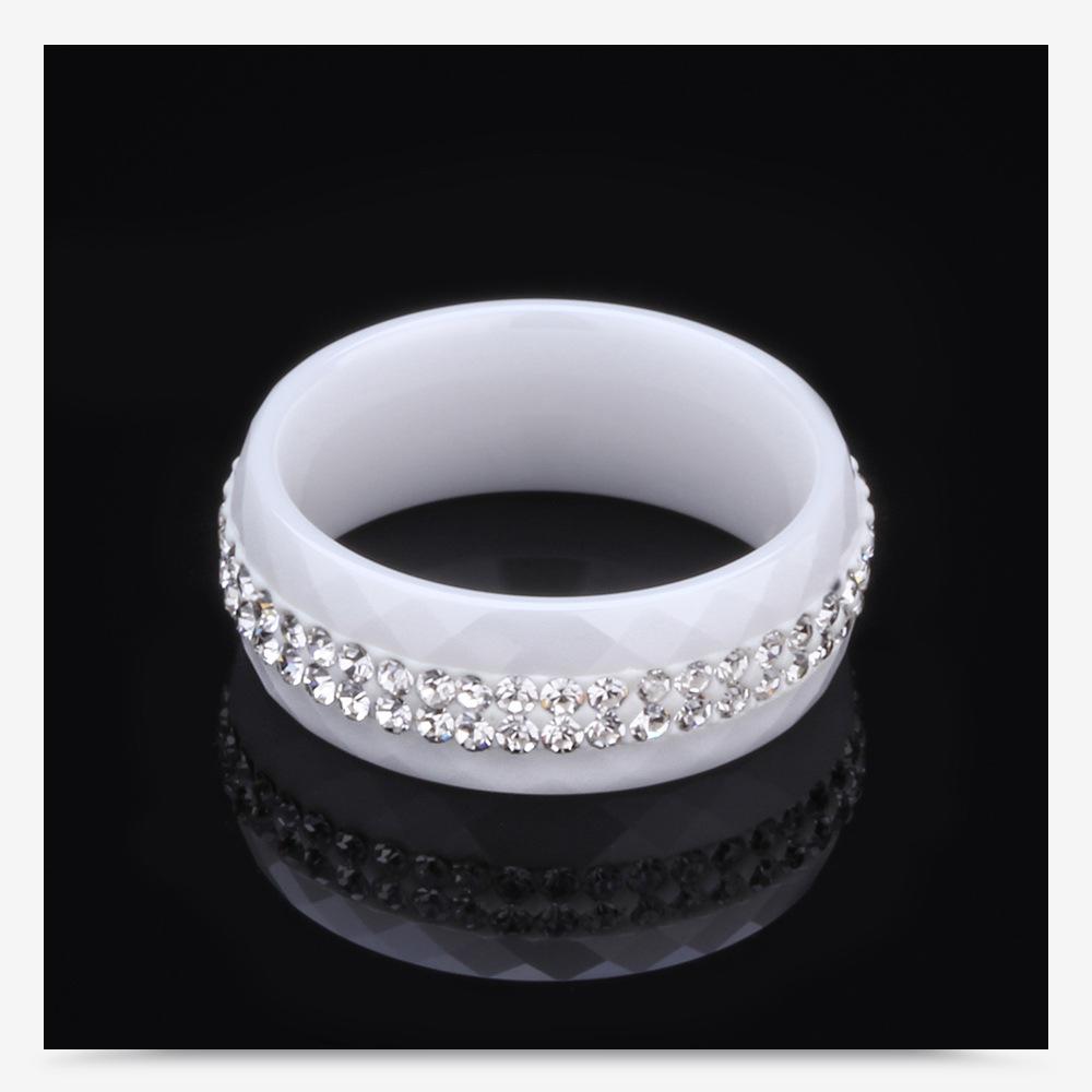 8MM Black and White Ceramic Ring with Dual Row Inlaid Diamonds for Women