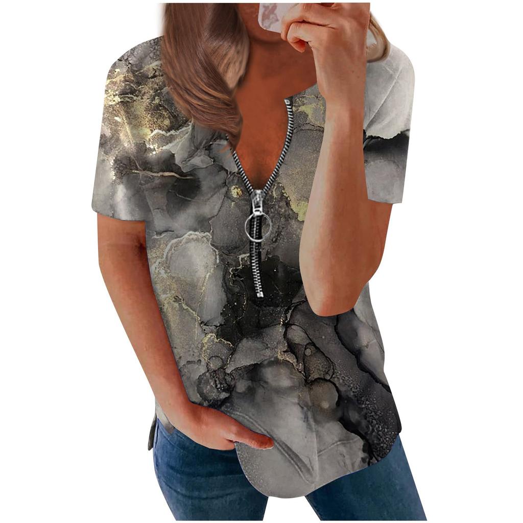 Trendy Summer Shirts Womens Fashion Casual Printed Casual T-Shirt Short Sleeve Zippered V-Neck Pullover Blouse Tops