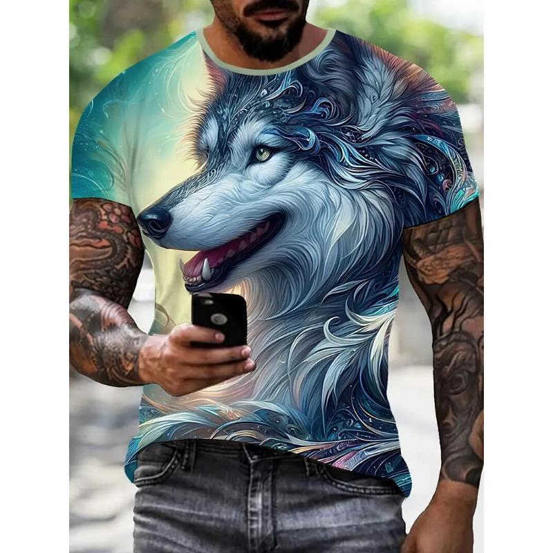 Summer Men's T Shirt Wolf Graphic Print Male Casual Short Sleeve Oversize Clothes Crew Neck T-Shirts Street Outdoor Fashion Tops