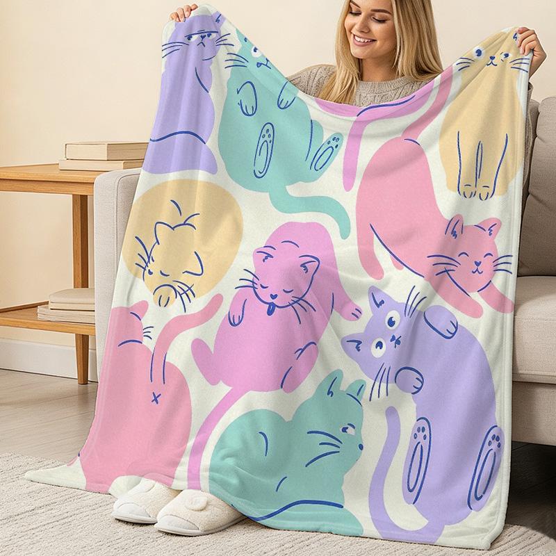 Lightweight Flannel Cat Series Throw Blanket Soft, Colorful, Versatile for Home Couch Naps, Car Use, Christmas & Halloween Decor