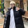 Unisex Reversible Puffer Jacket Oversized, Two Sided Solid & Plaid Warm Winter Zip Coat Stand Collar Streetwear Outerwear