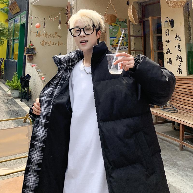 Unisex Reversible Puffer Jacket Oversized, Two Sided Solid & Plaid Warm Winter Zip Coat Stand Collar Streetwear Outerwear