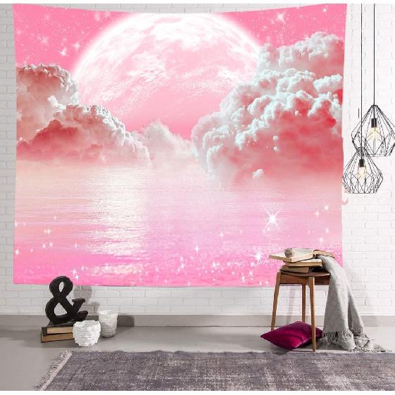 Pink Clouds Sky Tapestry Ocean Moon Stars Nature Landscape Tapestry Fantasy White Cloud Aesthetic Tapestries Wall Hanging for Girls Women Nursery