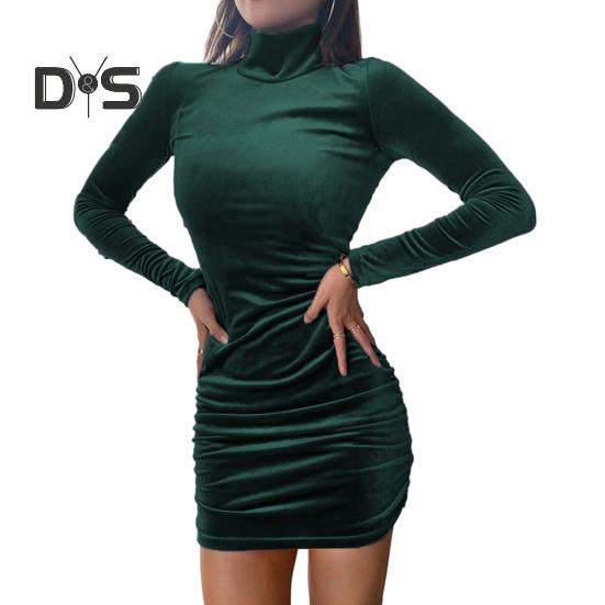 Women Fall Winter Dress Sheath Skinny Tight Waist Solid Color High Collar Neck Protection Long Sleeve Elastic Above Knee Length Mini Dress