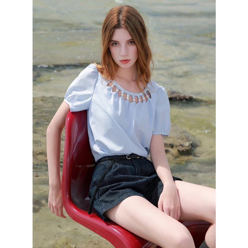 Sancai 2025 Summer Hollow Out Puff Sleeve Top M