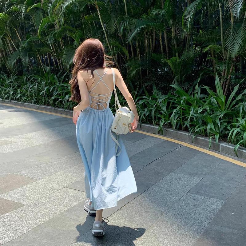 Beach Resort Camisole Dress for Women In Summer, Shoulder Length, Waist Up, Backless Skirt with Straps, A-line Skirt
