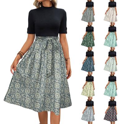 Women's Fashion Casual Belt Short Sleeve Round Neck Floral Elegant Temperament Dress