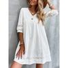 Vestito Corto Casual A Line da Donna con Scollo a V, Maniche a Tre Quarti e Inserti in Pizzo, Vestibilità Ampia