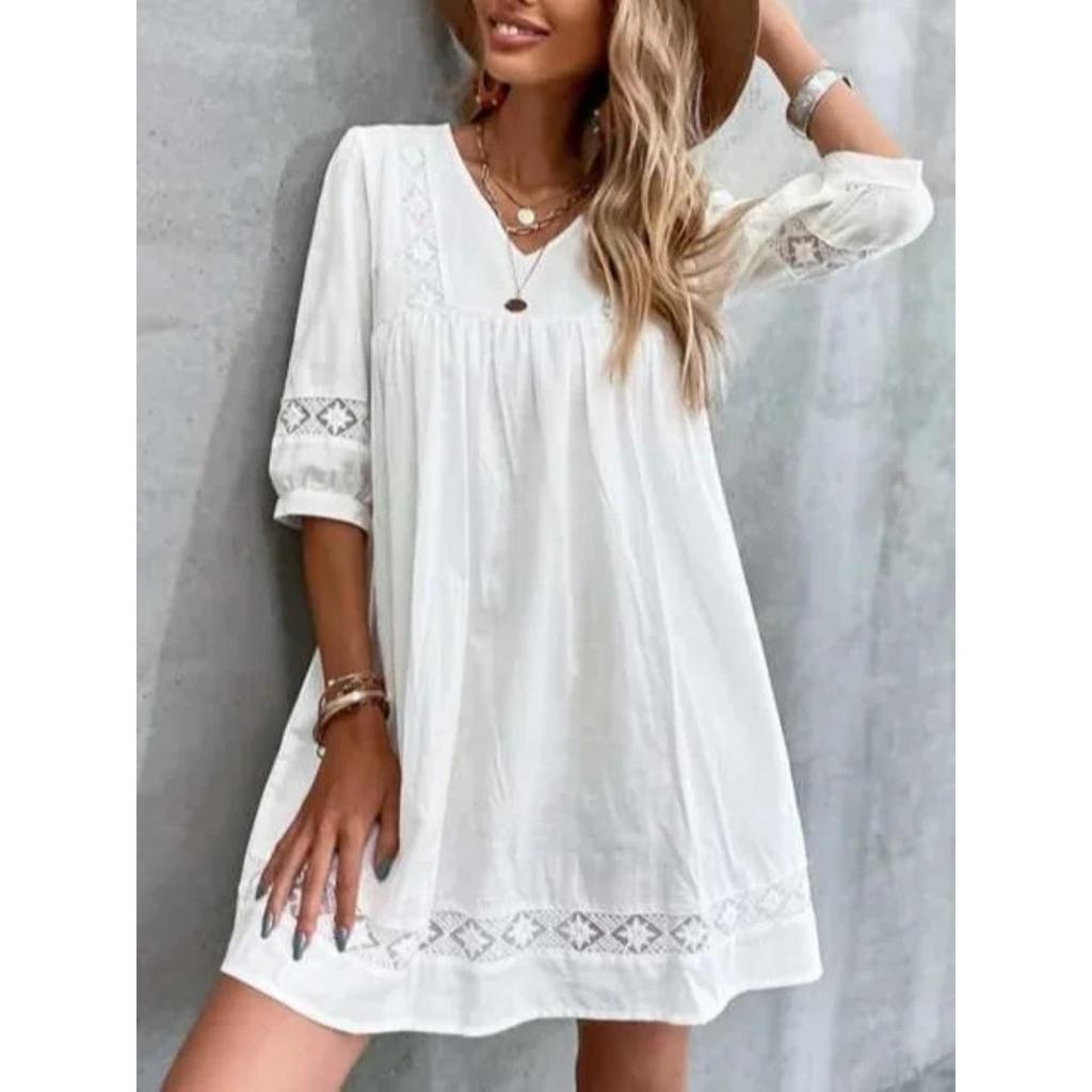 Vestito Corto Casual A Line da Donna con Scollo a V, Maniche a Tre Quarti e Inserti in Pizzo, Vestibilità Ampia